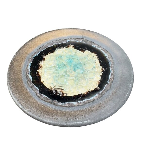 Hand Made Crystalline Pottery Round Wasabi Dipping Dish Plate Signed Crafted VTG - Picture 2 of 13